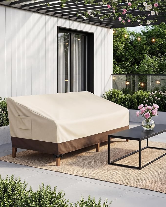 Vailge Heavy Duty Patio Sofa Cover, 100% Waterproof 3-Seater Outdoor Sofa Cover,Lawn Patio Furniture Covers with Air Vent and Handle,85" Wx 37" Dx 35" H,Beige&Brown