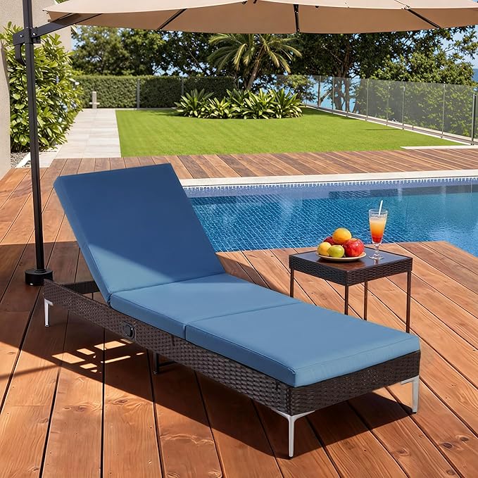 HOMREST Outdoor Lounge Chairs Set of 4, Patio Wicker Chaise Lounge with Removable Cushion, Rattan Pool Sunbathing Recliners with Adjustable Backrest (Navy Blue)