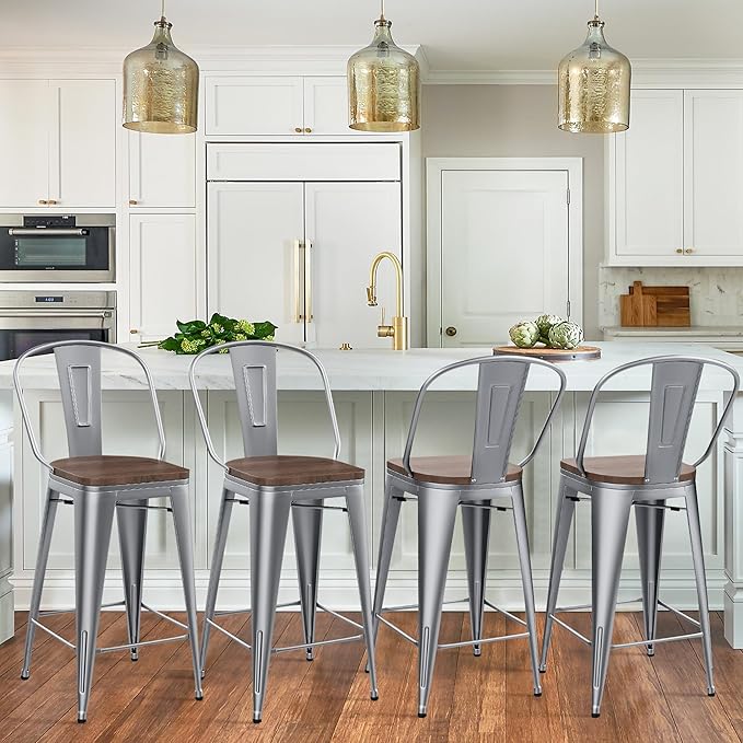 Yongqiang 30 inch Bar Stools Set of 4 Modern Farmhouse Bar Height Stools Kitchen Island Bar Chairs Metal Barstools with Wooden Seat, High Back Silver