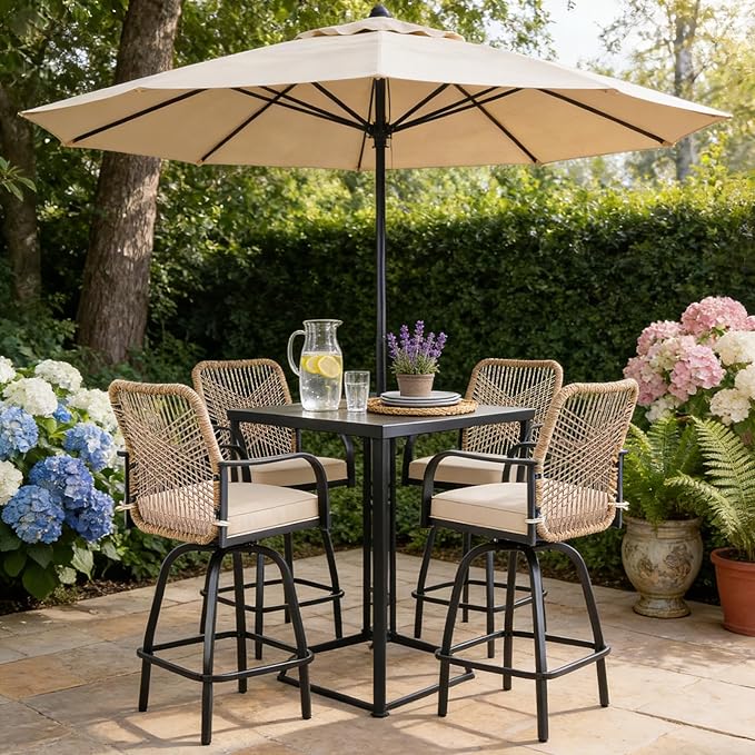 Outdoor Bar Stools Set of 4, 360° Swivel Metal Frame, Wicker Patio Bar Height Stools with Cushion, All-Weather Rattan Chair Design for Patio Backyard, Lawn Garden, Balcony, Poolside