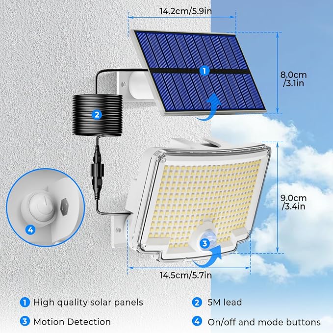 Peasur 2 Pack Solar Motion Lights Outdoor, 318 LED Solar Security Light with 3 Modes, IP65 Waterproof Powered Flood Lights for Outside Garden Backyard,Warm (White Frame)