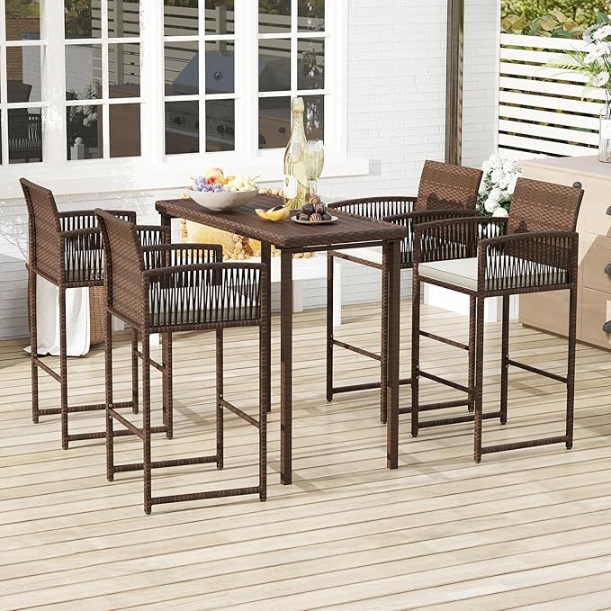 Tangkula Patio Bar Stools Set of 2, PE Rattan Bar Height Chairs with Backrests, Armrests, Footrests & Soft Cushions, Outdoor High Top Barstools with Metal Frames for Backyard (2 Pack)