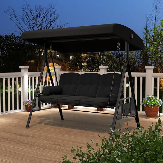 AECOJOY Outdoor Porch Swing, 3-Seat Porch Swing with Adjustable Canopy, Outdoor Swings for Adult with Black Removable Cushions for Backyard, Garden, Yard, Poolside, Balcony