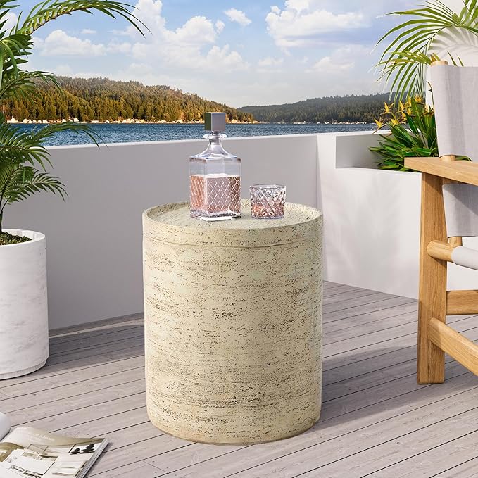 SUNBURY Set of 2 Outdoor Side Tables for Patio, Concrete Accent End Table, Round Modern Coffee Ceramic Side Garden Stool Log
