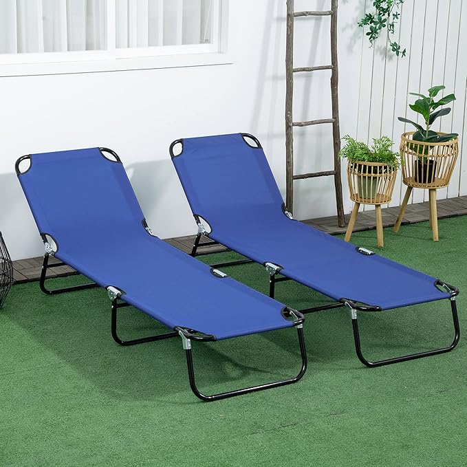 Outsunny 2 Piece Folding Chaise Lounge Pool Chairs, Outdoor Sun Tanning Chairs with 5-Level Reclining Back, Steel Frame for Beach, Yard, Patio, Blue
