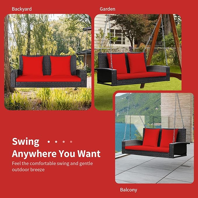 RELAX4LIFE Porch Swing 2-Seat Patio Rattan, Wicker Porch Swings Outdoor W/Two 7.9 Ft Solid Steel Chain, Comfortable Back & Seat Cushions, for Front Porch, Garden, Backyard Patio Swing (Red)