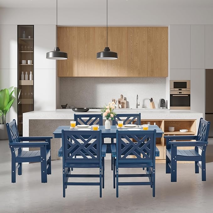 HDPE Dining Table Set for 6,7-Piece Outdoor Table and Chairs Include 6 Dining Chairs and 62.5" Patio Dining Table with Umbrella Hole (Blue)