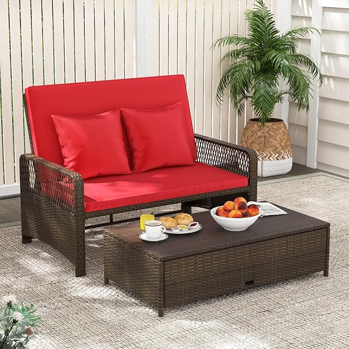 RELAX4LIFE Wicker Patio Outdoor Daybed - Rattan Sunbed Loveseat Sofa Set w/4-Level Adjustable Back, Cushions & Pillows, Storage Ottoman, 2-Person Bed Lounger for Backyard Porch, Patio Daybed (Red)