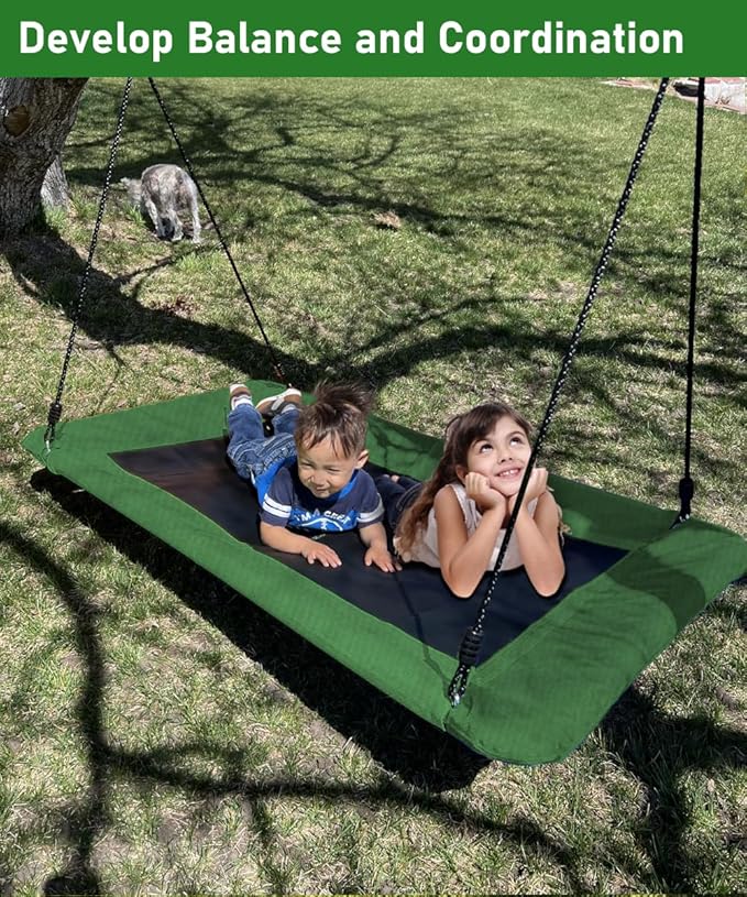 60" Retangular Tree Swing for Kids & Adults, Adjustable Platform Swing with Hanging Straps, 700lbs Capacity, Waterproof Giant Swings for Backyard Outdoor & Indoor Use, Green & Black