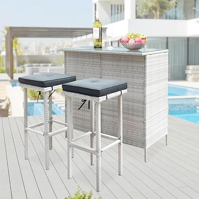 Wicker Patio Bar Set of 3-Piece, Rattan Bistro Set with stools and Coffee Table, Patio Bar Table and Chairs for Backyard, Porches or Poolside