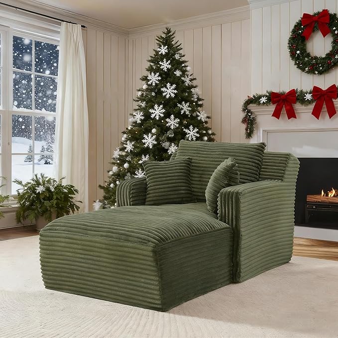 65.4" Chaise Lounge Chair Indoor, Oversized Boneless Couch Comfy Upholstered Sleeper Sofa Bed with 3 Pillows, Corduroy Cloud Reading Chair for Living Room No Assembly Required, Green
