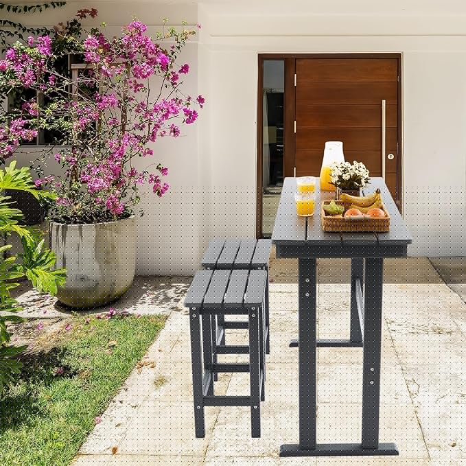 3 Pcs HDPE Outdoor Bar Set of 2 Includes Bar Height Table and Chairs, Patio Bar Stools Set for Bistro, Poolside, Backyard, Gray