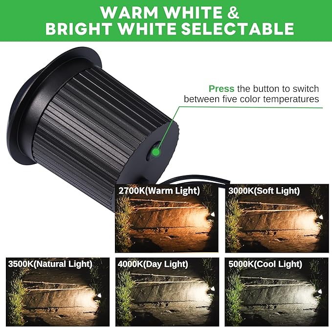 Low Voltage Inground Landscape Lights - Outdoor Soft White & Bright White 5 Selectable Colors Turret Top Well Light, LED in-Grade Fixture, ORB Aluminum for Path Yard Floor 3W 170LM 10 Pack