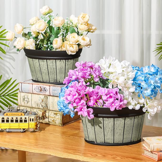 Layhit 6 Pcs Wall Hanging Planters Outdoor Pot Planter Wine Barrel Planter Distressed Oak Thickened Plastic Water Storage Flower Pots for Flower Indoor Outdoor(13.78 Inches,Grey Green)