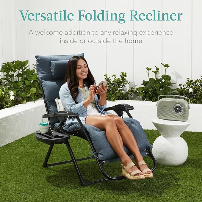 Best Choice Products Oversized Zero Gravity Chair, Folding Outdoor Patio Recliner, XL Anti Gravity Lounger w/Removable Cushion, Cup Holder, Side Tray, 350lb Capacity - Lime Green