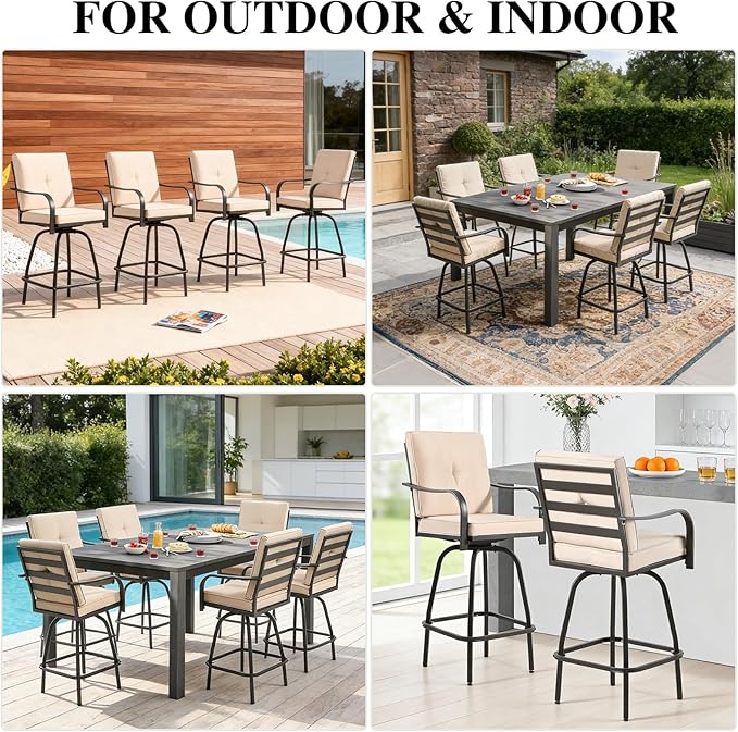 Patio Swivel Bar Stools, Outdoor Bar Height Swivel Chairs Set of 4 with Cushion & All Weather Steel Frame for Backyard, Lawn, Poolside and Balcony, Beige