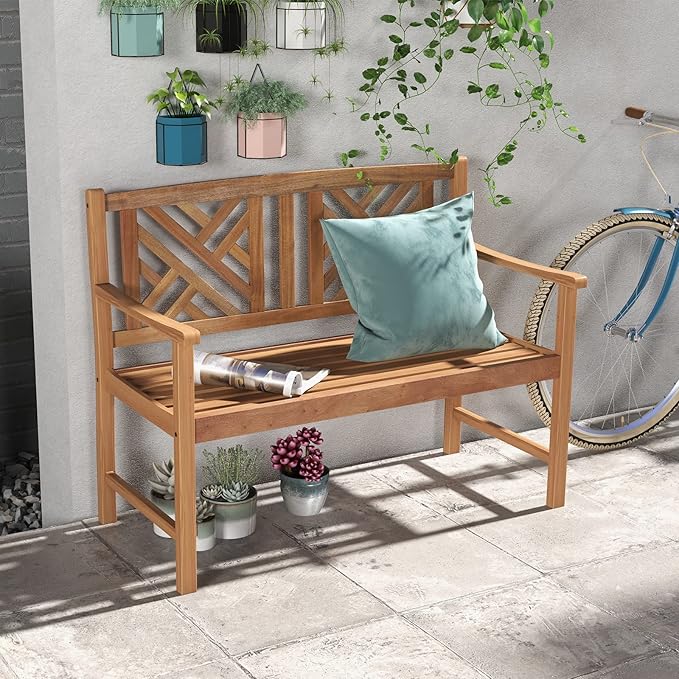 COSTWAY Outdoor Wooden Bench, Outdoor Acacia Wood Loveseat with Curved Armrest & Backrest, Sturdy Wood Bench for Garden, Park & Porch, 47.5"x 22" x 34”