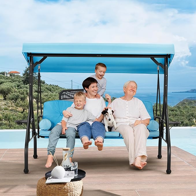 HOMREST 3 Seat Outdoor Porch Swing with Adjustable Canopy, Convertible Patio Swing Bed with Stand, Patio Glider Swing with Upgraded Cup Holder, Thicken Cushions & Pillow for Backyard(Sky Blue)