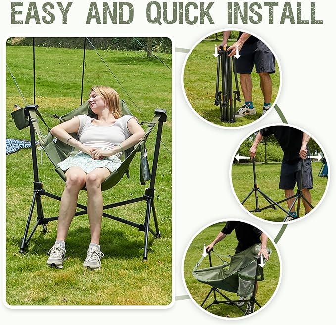 Portal Hammock Camping Chair, Portable Outdoor Swinging Chairs with Adjustable Back and Height for Lawn, Backyard, Patio, Supports 400 lbs, Breathable Mesh High Back, Green