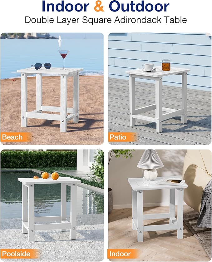 YEFU Outdoor Side Table for Patio: 16" HIPS Weather - Resistant Adirondack Tables Set of 2 - Small Square End Tables for Backyard Pool Porch Balcony - Indoor Outdoor Durable Table White