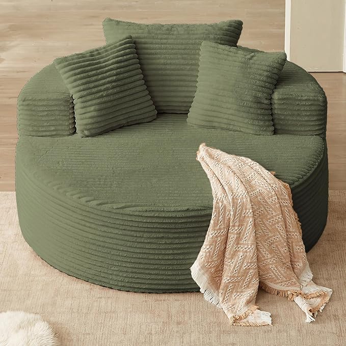 Oversized Round Chair Lounge Chaise Indoor, Upholstered Corduroy Deep Seat Cloud Large Circle Sofa Chair, No Assembly Required, Fluffy Modern Sleeper Sofa Bed for Reading, Living Room, Light Green