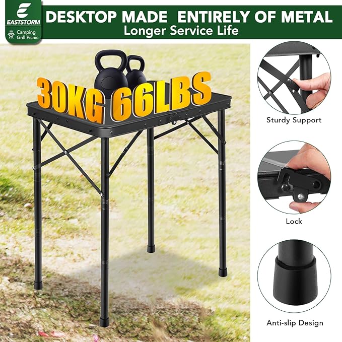 Small Metal Folding Table 3 Adjustable Heights, 23.6''×15.7''×27'' Heavy-Duty Portable Picnic Table for Outdoor Camping, Garden, Patio, Grill, BBQ, Party, 2Ft (Small, Black)