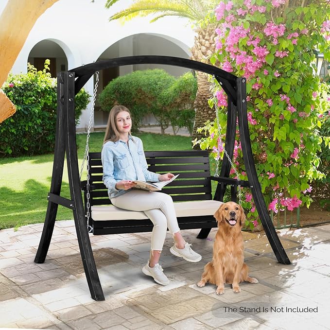 VINGLI Wooden Porch Swing, Heavy Duty 880 LBS Hanging Patio Bench with Extra Cushion for Lawn| Garden| Courtyard (Black, 4 feet)