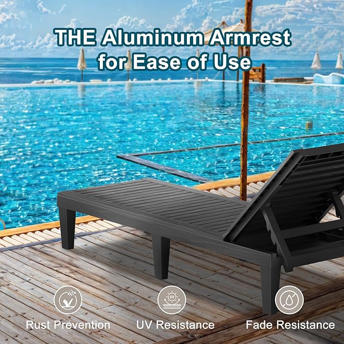 EasyUp Chaise Lounge Chair Outdoor, Resin Lounge Chair with 5-Position Backrest, UV - Resistant, Waterproof for Pool, Beach & Patio (Set of 2-Black1)