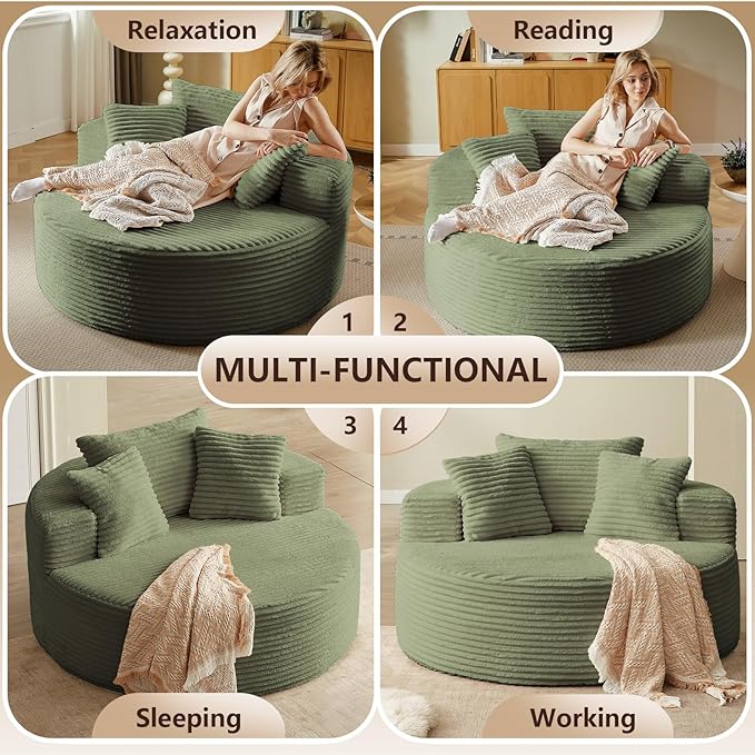 Oversized Round Chair Lounge Chaise Indoor, Upholstered Corduroy Deep Seat Cloud Large Circle Sofa Chair, No Assembly Required, Fluffy Modern Sleeper Sofa Bed for Reading, Living Room, Bedroom, Green