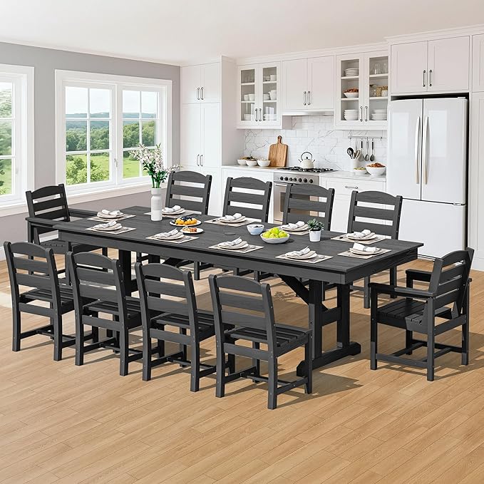 SERWALL 11 Piece Outdoor Dining Set, 84" HDPE Outdoor Table and Chairs for 10,All Weather Patio Furniture Set with Umbrella Hole for Backyard, Garden, Black