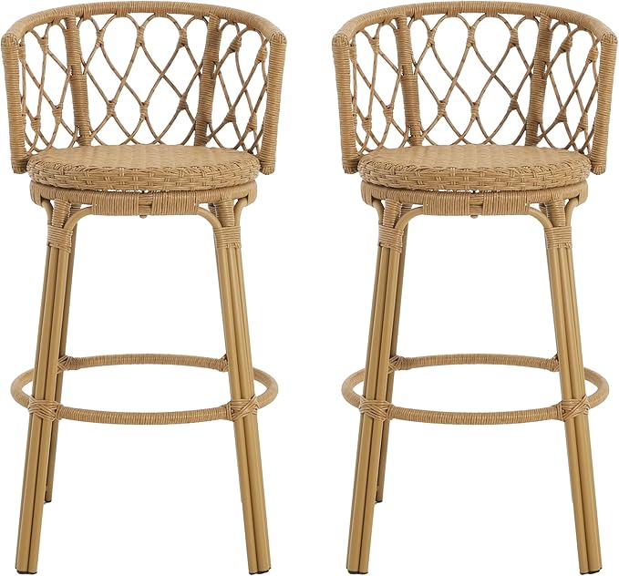 Christopher Knight Home Harrison 28.75"H Outdoor Barstools Set of 2, Rattan Bar Chair, Barrel Backrest Counter Stool, Country Style Bistro Stool, Patio Barstools for Gardern Orchard Yard, Light Brown