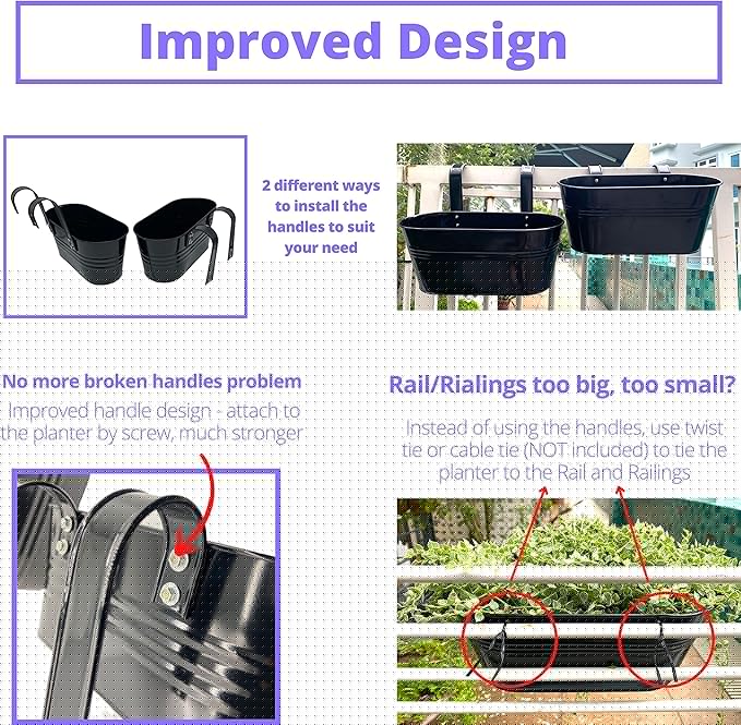 LaLaGreen Rail Planter Outdoor Plants(11.8 Inch, 10 Pack) Black Metal Iron Hanging Flower Pots Deck Railings Fence Buckets Modern Countryside Boho Style Wall Mount Window Box Plant Holder Porch Decor