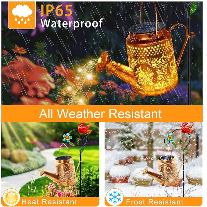 Solar Lights Outdoor Garden Decor, Cardinals Hanging Waterproof Watering Can Lights Outside Decorations for Yard Front Porch Patio Christmas Gift for Mom Grandma Women Birthday (with Shepherd Hook)