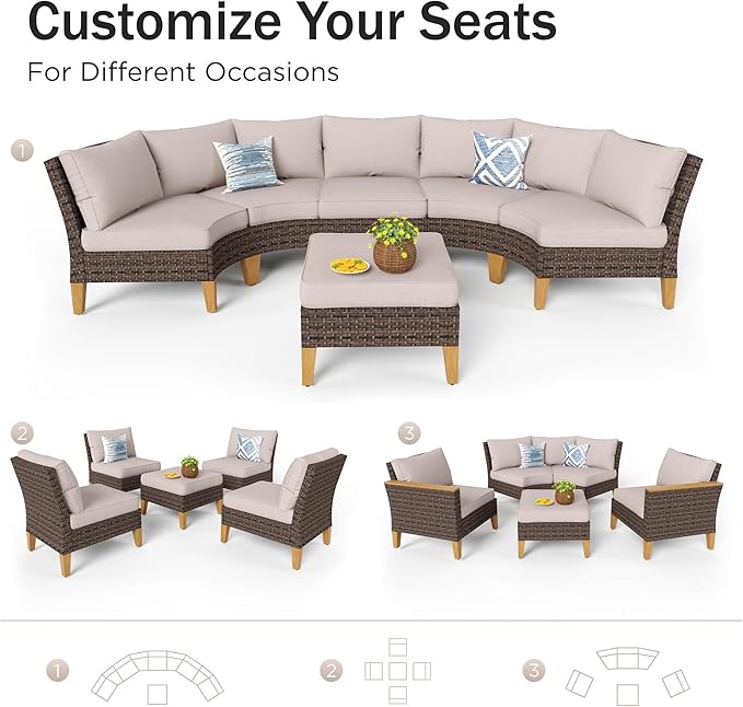 PHI VILLA 8-Piece Wicker Patio Furniture Set, Outdoor Half-Moon Curved Sectional Sofa with Cushions, 2 Ottomans, Large Conversation Seating for Garden or Backyard, Beige