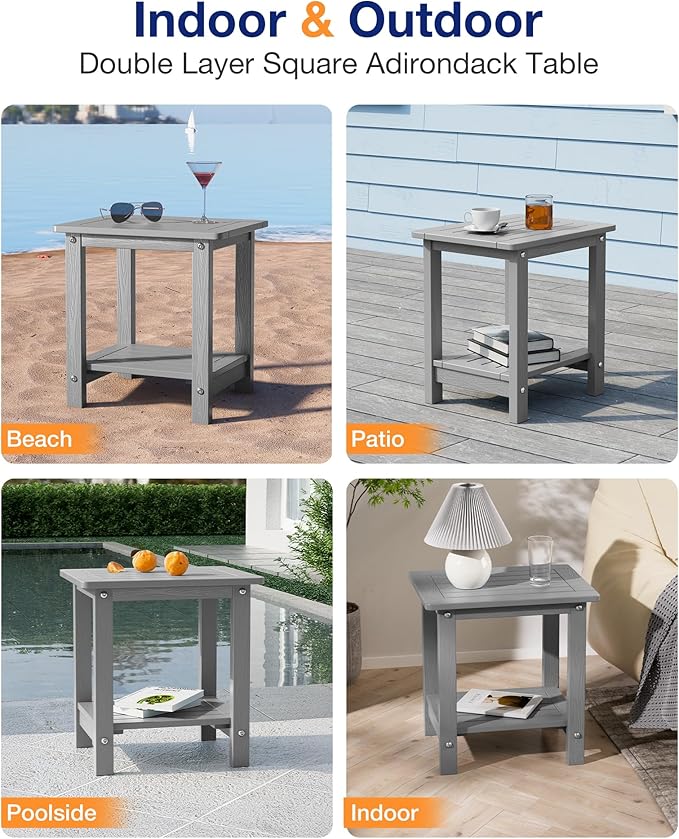 YEFU Outdoor Side Table for Patio: 16" HIPS Weather - Resistant Adirondack Tables - Waterproof Small Square End Tables for Backyard Pool Porch Balcony - Indoor Outdoor Durable Table Grey