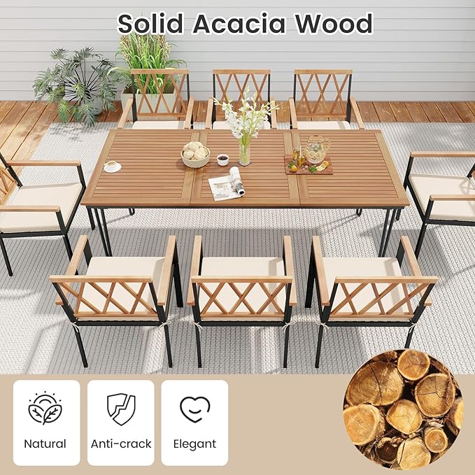 Tangkula 9 Piece Patio Dining Set, Outdoor Rectangular Dining Table w/Acacia Wood Top & Umbrella Hole, Metal Frame Dining Table & Chairs Set w/Removable Seat Cushions for Yard, Porch, Garden, Deck