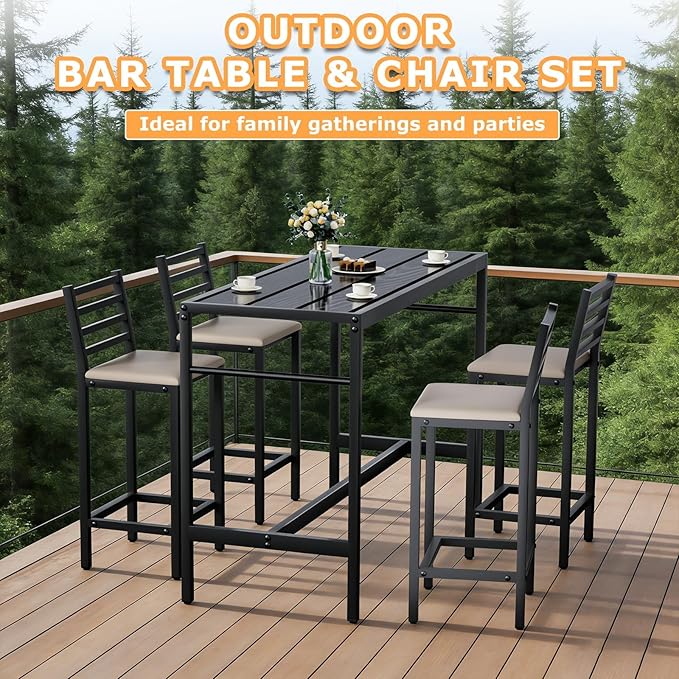 5 Piece Outdoor Patio Bar Set, 50" Rectangular Counter Height High Top Bar Table Patio Bar Set, 4 Cushioned 41" Bar Stools Modern Metal Outdoor Bar Set for Poolside, Balcony, Backyard, Porch