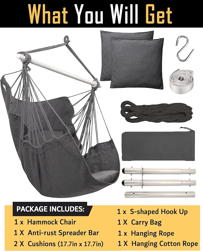 MIZTLI Hammock Chair Hanging Chair Swing Chair Hanging Chair for Bedroom Indoor Outdoor- Max 500 Lbs-Steel Spreader Bar with Anti-Slip Rings, 2 Cushions