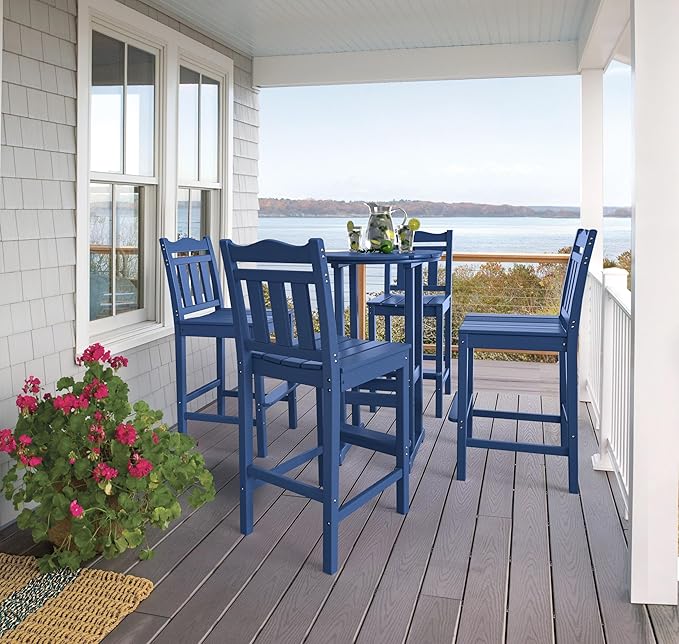 nalone Outdoor Bar Chairs and Table Set, HDPE Balcony Adirondack Chairs and Tables 3 Pieces Set, Outdoor Bar Stools for Garden, Yard, Backyard(Navy Blue, Bar Chairs with Table)