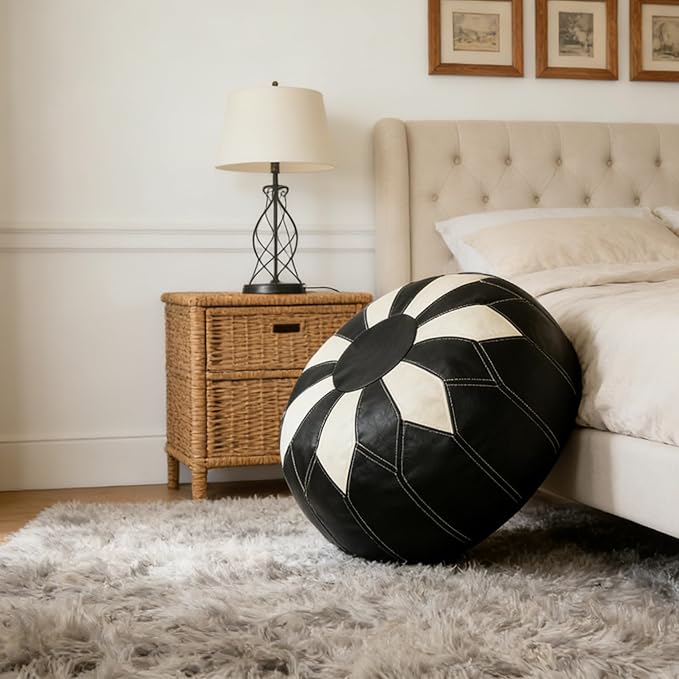 Thgonwid Unstuffed Moroccan Faux Leather Pouf Ottoman with Storage - Handmade Boho Chic Multi-Use Footrest for Living Room, Bedroom, Patio - Round Ethnic Floor Cushion & Decorative Accent, Black&White