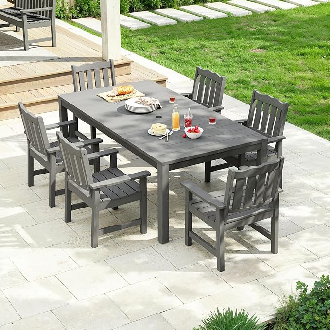 Stoog All-Weather Patio Dining Table for 6, Outdoor HIPS & Aluminum Frame Dining Table with 350 lbs Weight Capacity, Umbrella Hole, Grey