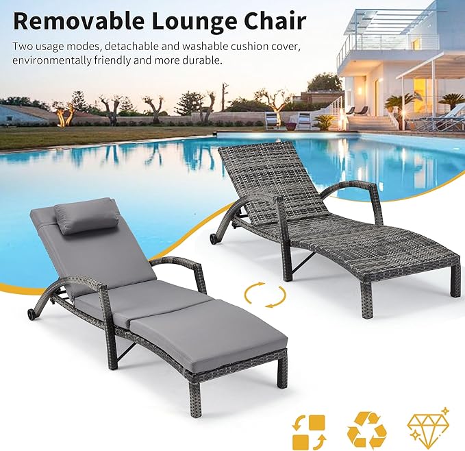 HOMREST Chaise Lounge Chairs Set of 2, PE Rattan Wicker Patio Lounge Chair with Adjustable 5 Position, Arm and Wheels for Poolside Backyard Deck Porch,Grey