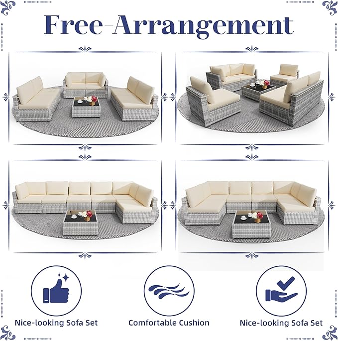 KIGOTY Patio Furniture Set,7 Pieces Modular Outdoor Sectional Sofa, PE Rattan Patio Conversation Set, All Weather Wicker Patio Furniture with Cushions and Coffee Table(Grey White/Grey)