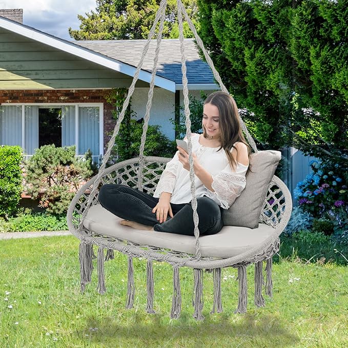Giantex 2-Seat Hammock Chair, Macrame Swing with Cushion, Hanging Cotton Ropes, Metal Frame, Hanging Chair with 440 Lbs Capacity for Hammock Stand, Living Room, Patio, Balcony, Backyard (Gray)