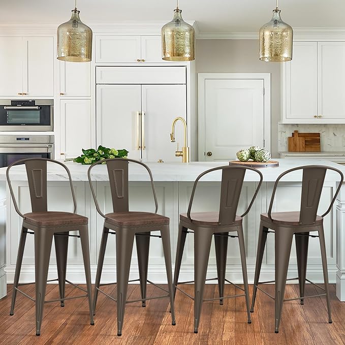 Yongqiang 26 inch Bar Stools Set of 4 Kitchen Counter Height Bar Chairs Modern Farmhouse High Back Metal Barstools with Large Wooden Seat Rusty