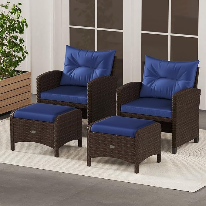 RELAX4LIFE Wicker Outdoor Ottomans for Patio - Set of 2 Rattan Footstools w/Removable Cushions, Multipurpose Outside Foot Rest, Side Table & Additional Seating for Porch Garden Backyard (Navy)