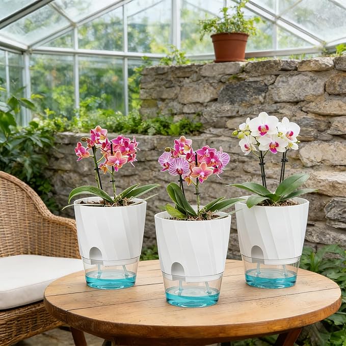 KIMCHOMERSE Self Watering Plant Pots, 4.7 Inch Plant Pots 3 Pack Indoor Planter Pots with Drainage Holes and Tray for Home Decor(White, Pink, Blue)