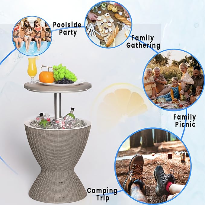 EasyUp Outdoor Cooler Bar Table – 8 Gallon Outdoor Patio Cooler Table with Drain Plug, Adjustable Height Rattan-Style Resin Cool Bar for Poolside, Deck, BBQ & Parties (Light Brown)