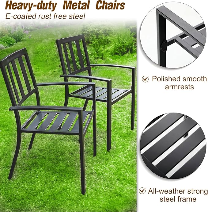 PHI VILLA 7 Piece Patio Dining Set with Umbrella, 60” Rectangular Metal Dining Table & 6 Stackable Metal Chairs & 13ft Large Beige Umbrella for Outdoor, Deck, Yard, Porch