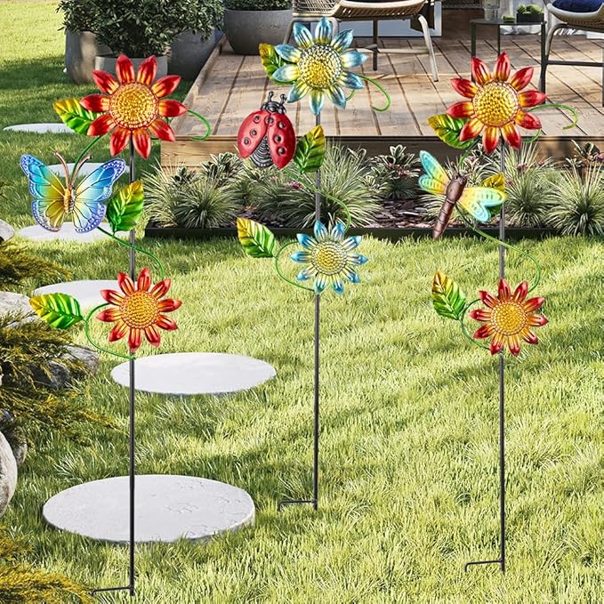 3 Pcs Sunflower&Butterly&Ladybug&Dragonfly Decorative Garden Stakes,23.5 in Metal Sunflower Yard Art for Outside Decor,Spring Outdoor Decor for Mom,Women,Grandma